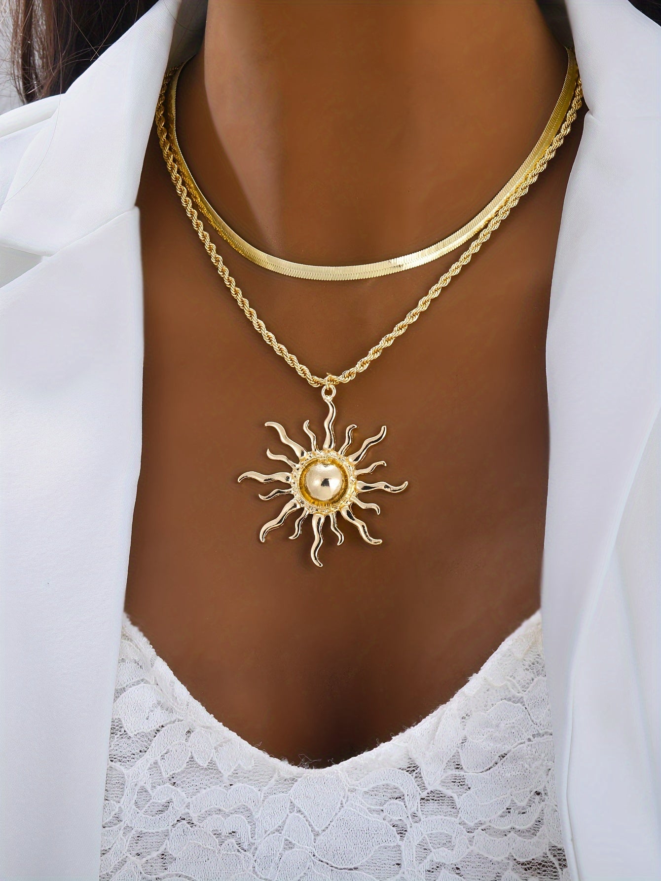 Elegant Double Layer Snake Bone Chain Necklace with Sun Flame Pendant for Women, Bohemian Style Jewelry for Casual Attire or Gift, Gift for Women | Flame Motif Design