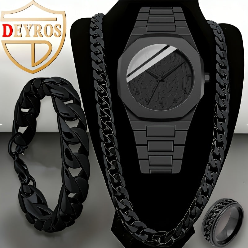 [Birthday, Valentine's Day] 4pcs Watches For Men Set, Fashionable Men's Black And Cool Mens Watches, Quartz Movement Mens Watches, Mens Watches For Men & 1pc Necklaces, Bracelet, Ring Mens Jewelry For Men Set, Birthday, Valentine's Day Season Perfect Gift