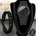 [Birthday, Valentine's Day] 4pcs Watches For Men Set, Fashionable Men's Black And Cool Mens Watches, Quartz Movement Mens Watches, Mens Watches For Men & 1pc Necklaces, Bracelet, Ring Mens Jewelry For Men Set, Birthday, Valentine's Day Season Perfect Gift