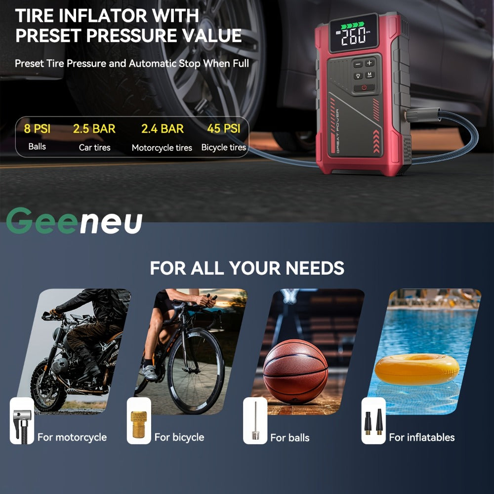 [Portable Jump Starter] 9-in-1 Portable Jump Starter with Air Compressor, Jump Starter for Car, Battery Jump Starter Portable, Car Battery Charger Portable For12V(8.0LGas/6.5L Diesel) Start The Car Quickly, USB Input/output, LED Emergency, Car Accessories
