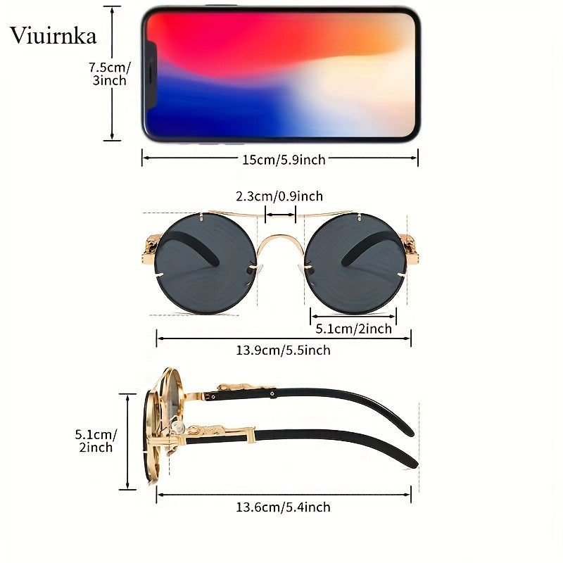 Fashionable Round Metal Frame Sunglasses with Gradient PC Lenses - Includes Protection Case - Luxury Double Bridge Design, Leopard Detail Hinges, Stylish And Chic for Both Men And Women, Perfect for Vacation, Street Photography, And As a Unique Gift
