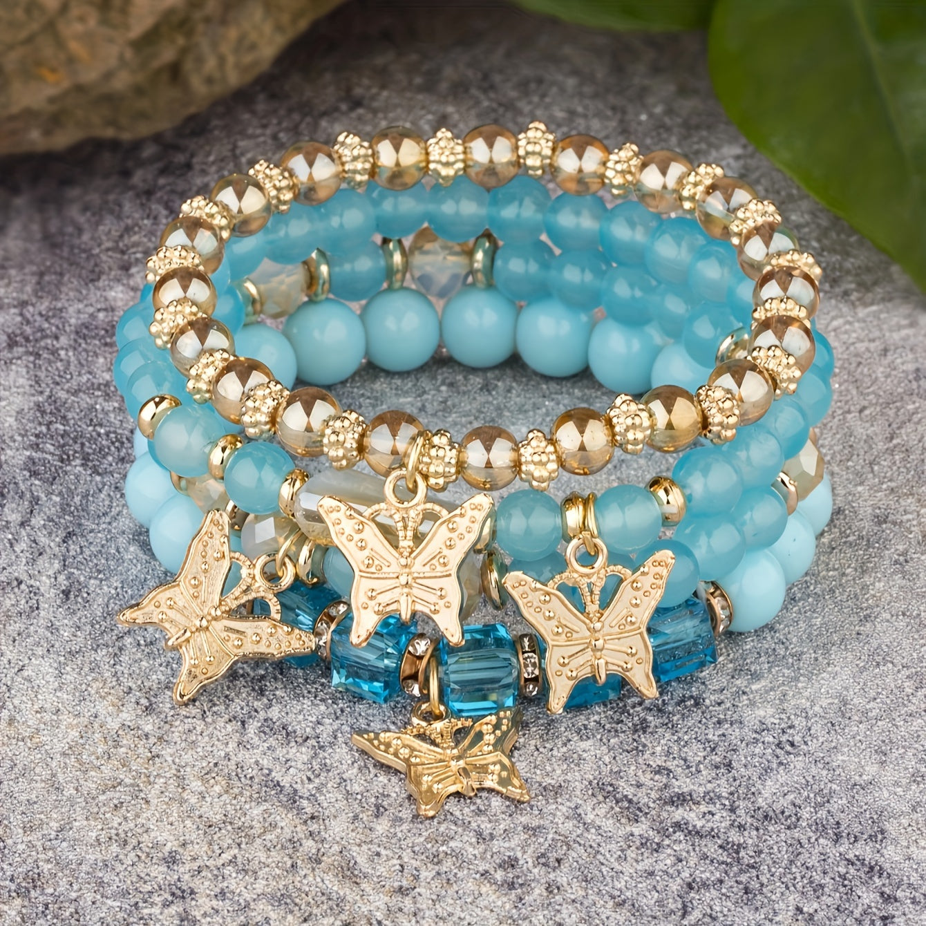 7 sets (a total of 28pcs) of multi-layer beaded stackable bracelet sets, artificial butterfly pendant jewelry sets, multi-layer beaded elastic bracelets, handmade jewelry sets -DIY beaded jewelry