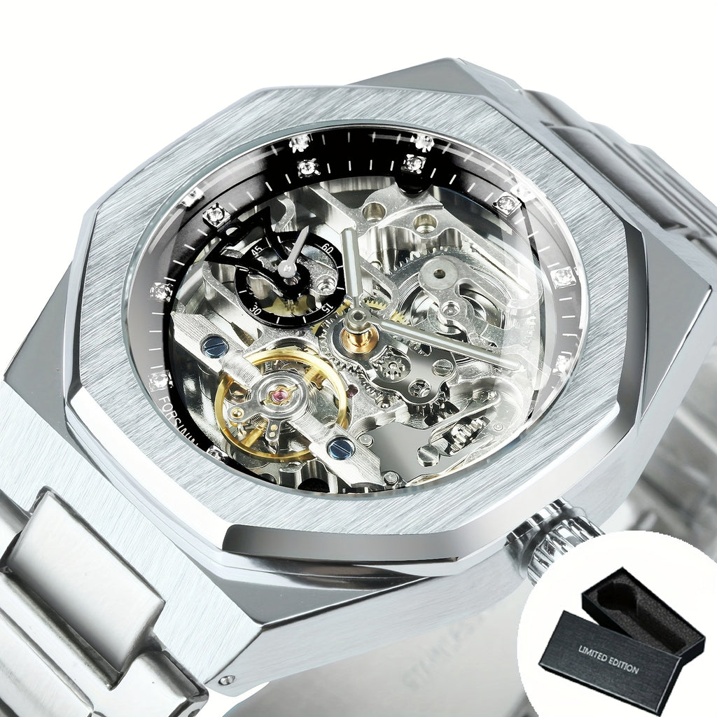 1pc FORSINING Men's Luxury Mechanical Watch - Skeleton Tourbillon, Luminous Hands, Stainless Steel Band, Irregular Case, Fashion Casual Style, Ideal for Christmas, Father's Day Gift, Luxury Business Watch | Automatic Watch | Without Battery