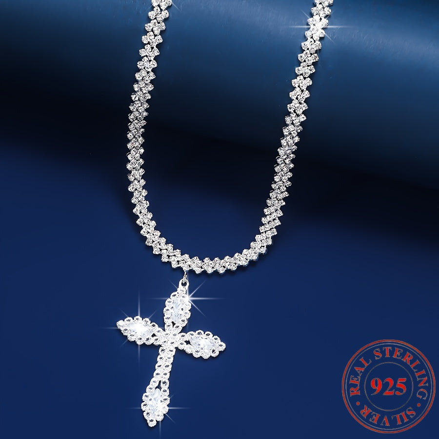 925 Silver Luxury Shining Cross Pendant Necklace, Synthetic Synthetic Zirconia, Silver Neck Jewelry Gift, Luxury, Exquisite, And Elegant, Neck Necklace