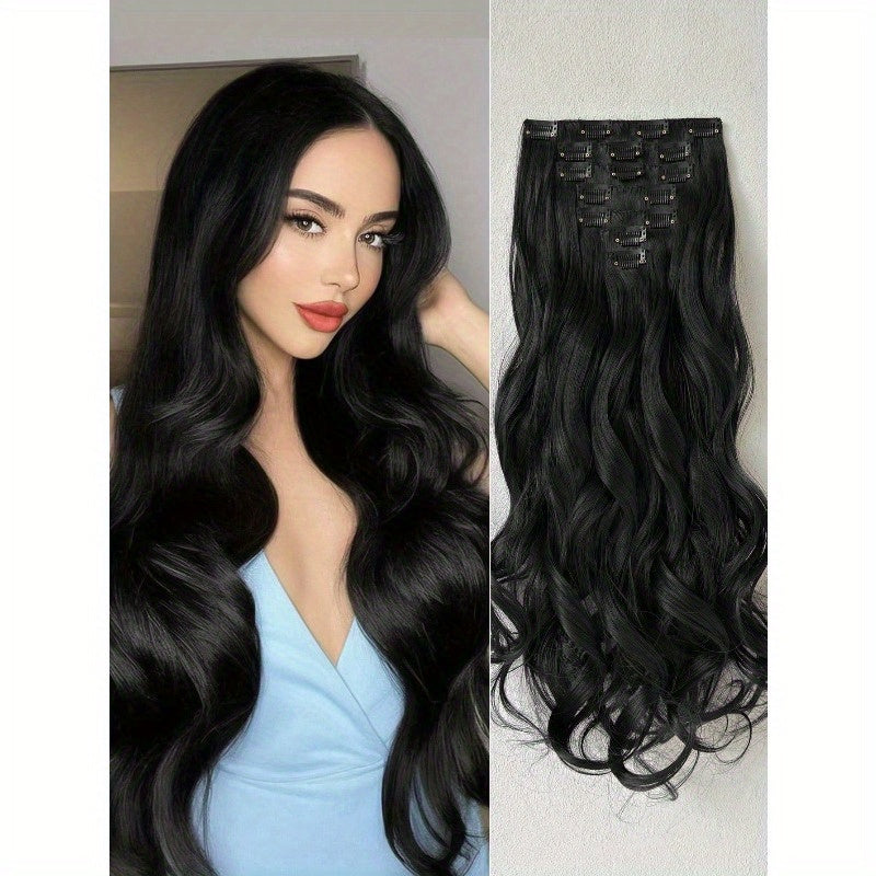 Clip In Hair Extensions 16 Clips 22 Inch 7pcs Set Black Long Natural Wave Hair Extension for Women Synthetic Hair Extensions Hairpieces
