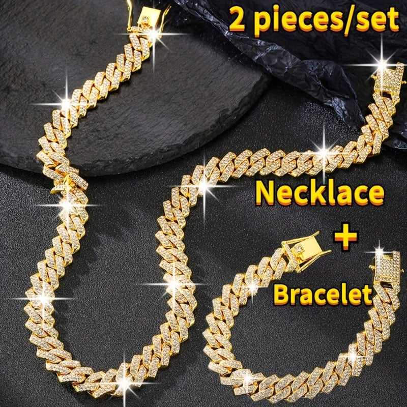 2pcs Men Cuban Link Necklace And Bracelet Set Full Rhinestones Embellished Unisex Punk Inspired, Y2K Hip Hop Style Cuban Link Necklace Bracelet Jewelry Luxury Gift Idea for Him/Her
