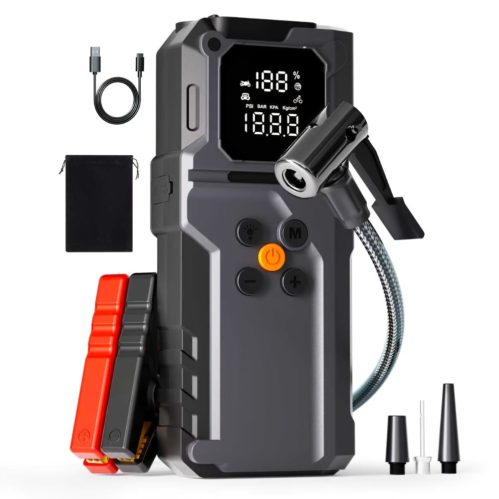 The Car Emergency Starter Power Supply Comes with A Digital Tire Pressure Gauge And Air Pump, A Window Breaker Hammer, And Is Suitable for 12V Cars, Trucks, SUV, Rvs, And Motorcycles. It Features A Multi-Functional Portable LED Display, SOS
