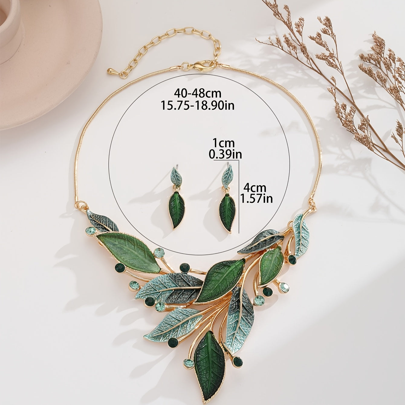 Vintage Chunky Statement Jewelry Set - 18k Golden Plated Retro Spring Green Leaf Floral Bohemian Boho Bib Necklace Earring Set Fashion Jewelry For Women Wedding Party Prom Unique Gift Band Box Christmas Thanksgiving
