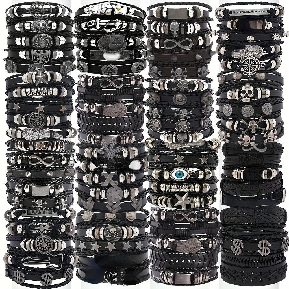 Random10/20/30pcs Punk Hip Hop Style Multi-layer Bracelet Set - Stainless Steel Skull, Cross & Star Elements, Vintage Black with Infinity Symbol, Chic Metal Dots Design, Creative Gift for Teens On Halloween, Thanksgiving, Father's Day & Graduation