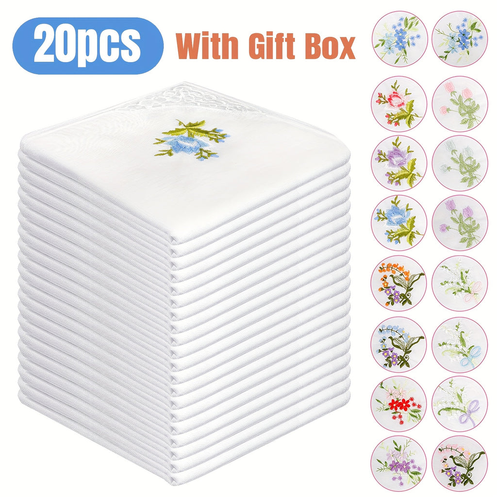 Set of 20 Floral-Embroidered Handkerchiefs for Ladies, Measuring 11 Inches, Made of Soft, Featuring Elegant White Lace Edges, Perfect As a Gift