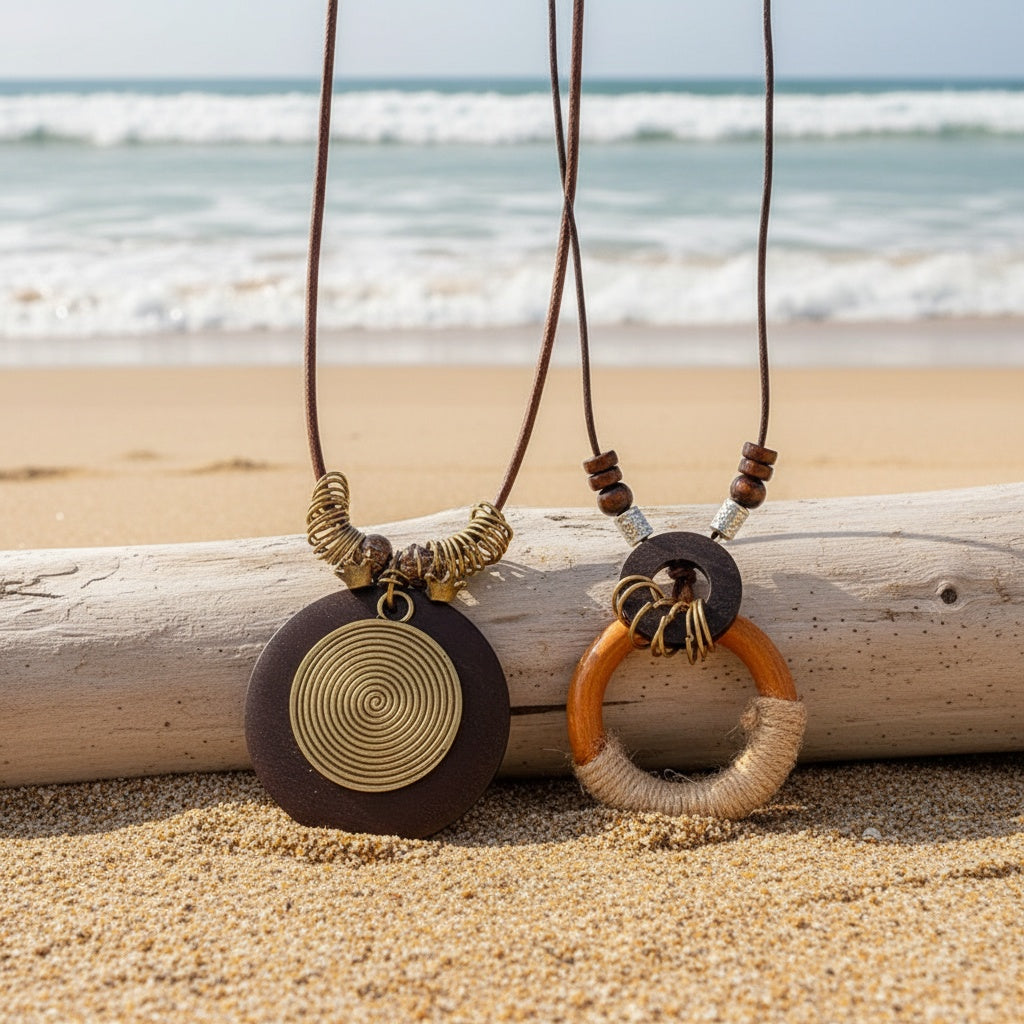 4pcs Bohemian Necklace Set for - Wood & Alloy Pendants with Butterfly, Leaf, Bead & Disc Charms - Multi-Color Bead Chains (Brown/Tortoiseshell) - Boho Gift Collection for Daily Wear, Parties & Vacations