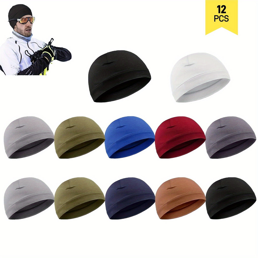 [Cooling Skull Caps] 12 Pack Cooling Skull Caps Moisture Wicking Stretchy Liners for Men, Breathable Sweat Beanies for Cycling Running Sports