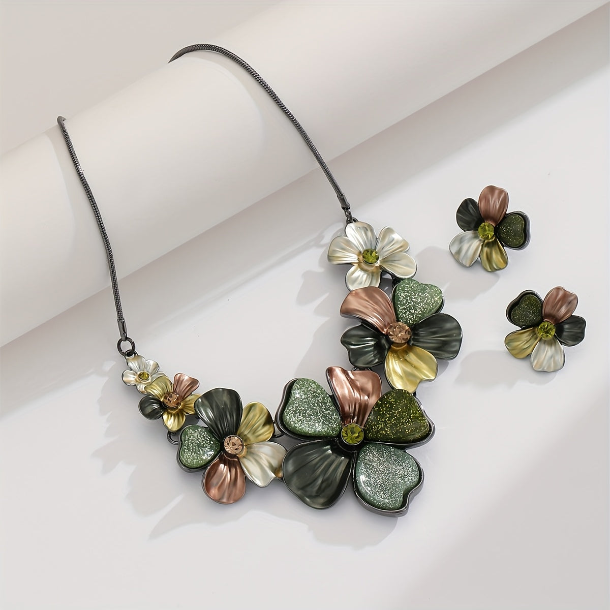 Chunky Statement Jewelry Set Vintage Retro Green Flower Floral Leaf Aesthetic Bohemian Boho Bib Necklace Earring Set Fashion Costume Jewelry for Women Wedding Party Prom Unique GiftBand Box Christmas Thanksgiving