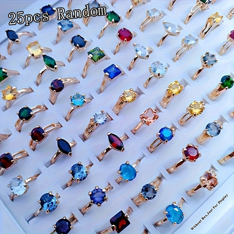 25pcs Synthetic Zirconia Shimmering Geometric Ring Color Random- Multi-Color Options for Engagement, Wedding & Evening Parties