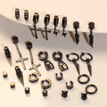 1 Set Of 28pcs Punk Style Black Earrings, Stainless Steel Magnetic Men's And Women's Clip Earrings, Non Perforated Earrings, Unisex Version