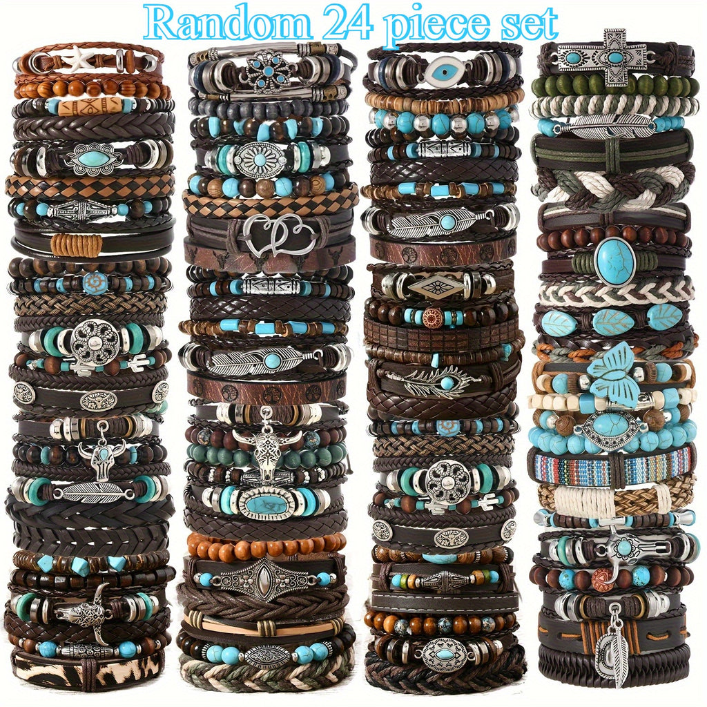 Random 24pcs Bohemian Retro Western Style Turquoise Bracelet, Multi-Layer Woven Feather Jewelry, Wooden Bead Alloy Bracelet, Perfect for Daily Wear As a Gift at Parties, Bracelet Beads, Party Jewelry, Gift for Her, Bohemian Jewelry, Western Charm