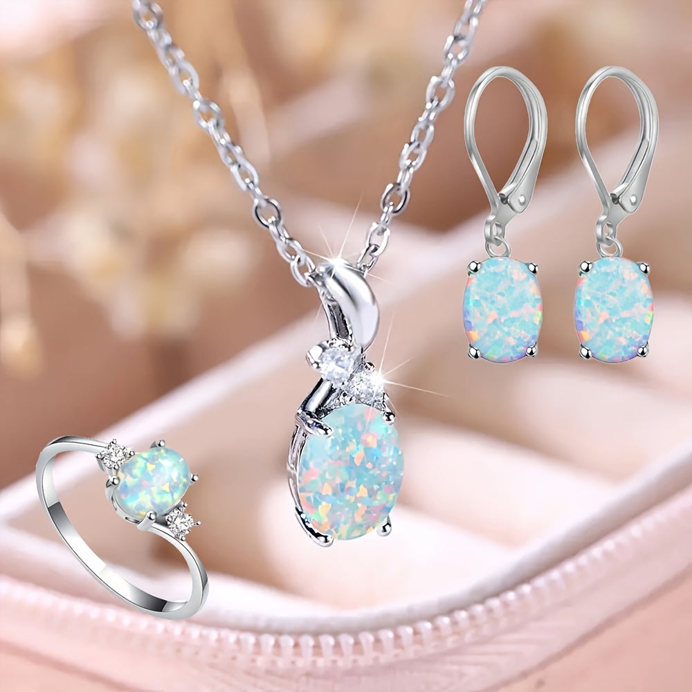 4pcs Set 925 Silver Easy Fashion Elegant Water Drop Opal Pendant Necklace Earrings And Ring Women'S Additions Party Jewelry Set