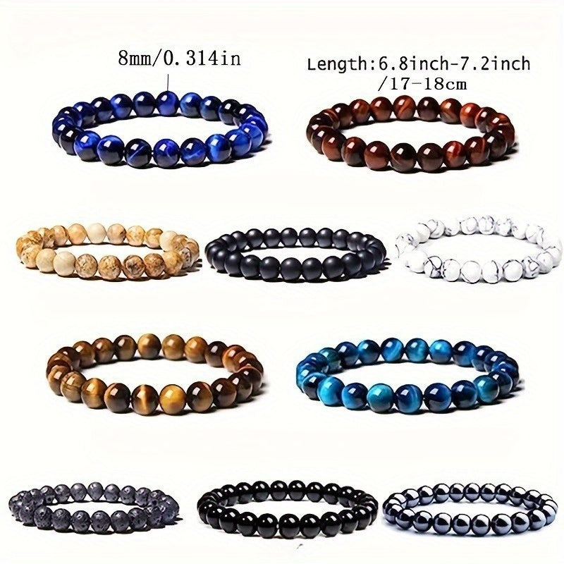 10pcs Set 8mm Bracelet Round Beaded Bracelet Men And Women Stone Stone Natural Stone Stretch Beaded Bracelet Unisex, Suitable for Men And Women Holiday Gift Simple Gift