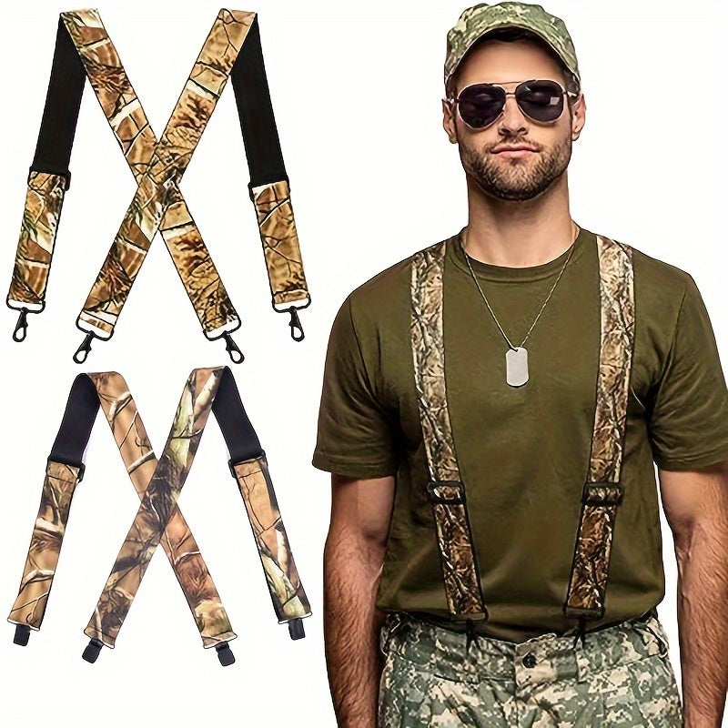 Men'S Heavy-Duty Camo Suspenders Featuring Four Robust Hooks/Clips, Designed for Hunting And Work, with an Adjustable X-Back Style