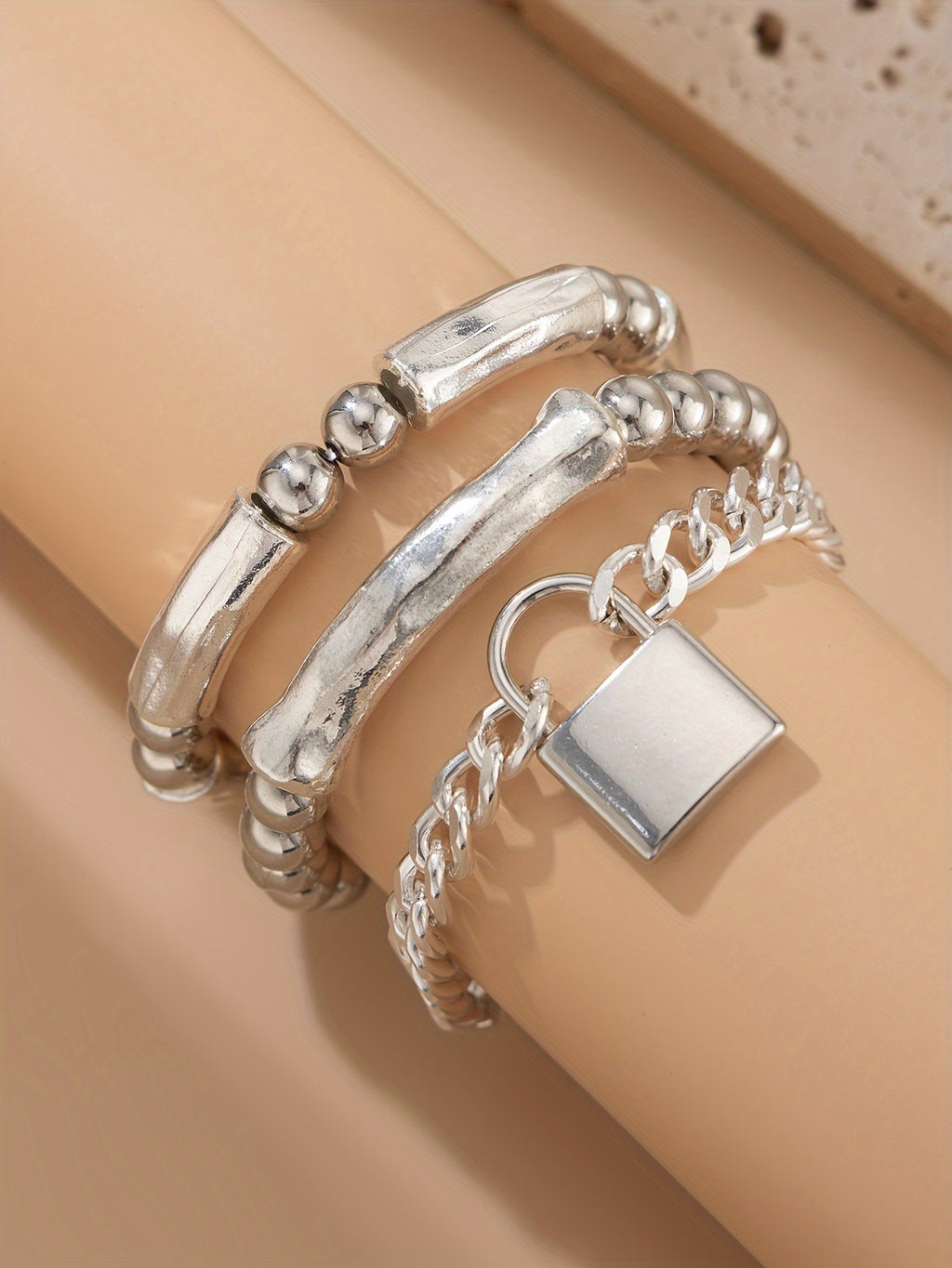 3pcs 925 Silver Exquisite Silvery Beaded Punk Bracelet Set with Lock Pendant