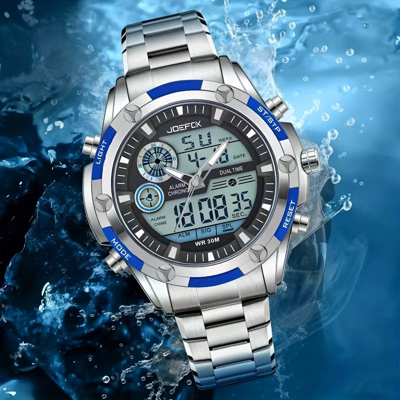 [Sport Wristwatch For Men] JOEFOX Men's Large Display Digital Watch - Stainless Steel Band, LED Backlight, 3ATM Waterproof, Chronograph, Alarm, Modern Sport Wristwatch For Men