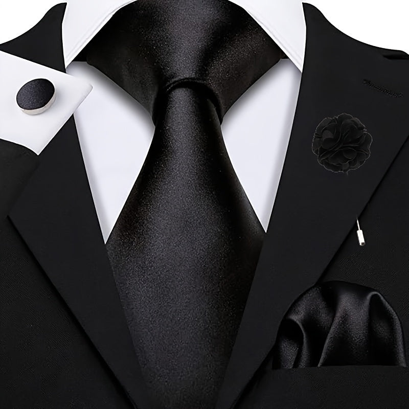 Set of 5 Ties in a Box, Featuring a Solid Color Necktie, Satin Bow Tie, Pocket Square, Lapel Pin, And Cuff Links for Weddings, Formal Gatherings, And Business Events - High-Quality, Versatile, And Fashionable Additions