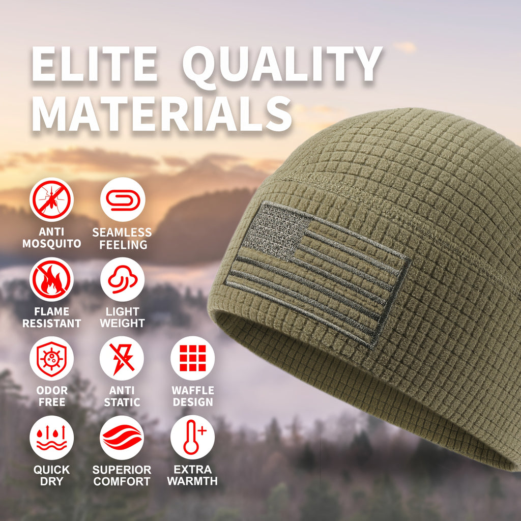 Tactical Military Cap Featuring a Waffle Design And an American Flag Embroidery on a Grid Fleece Beanie