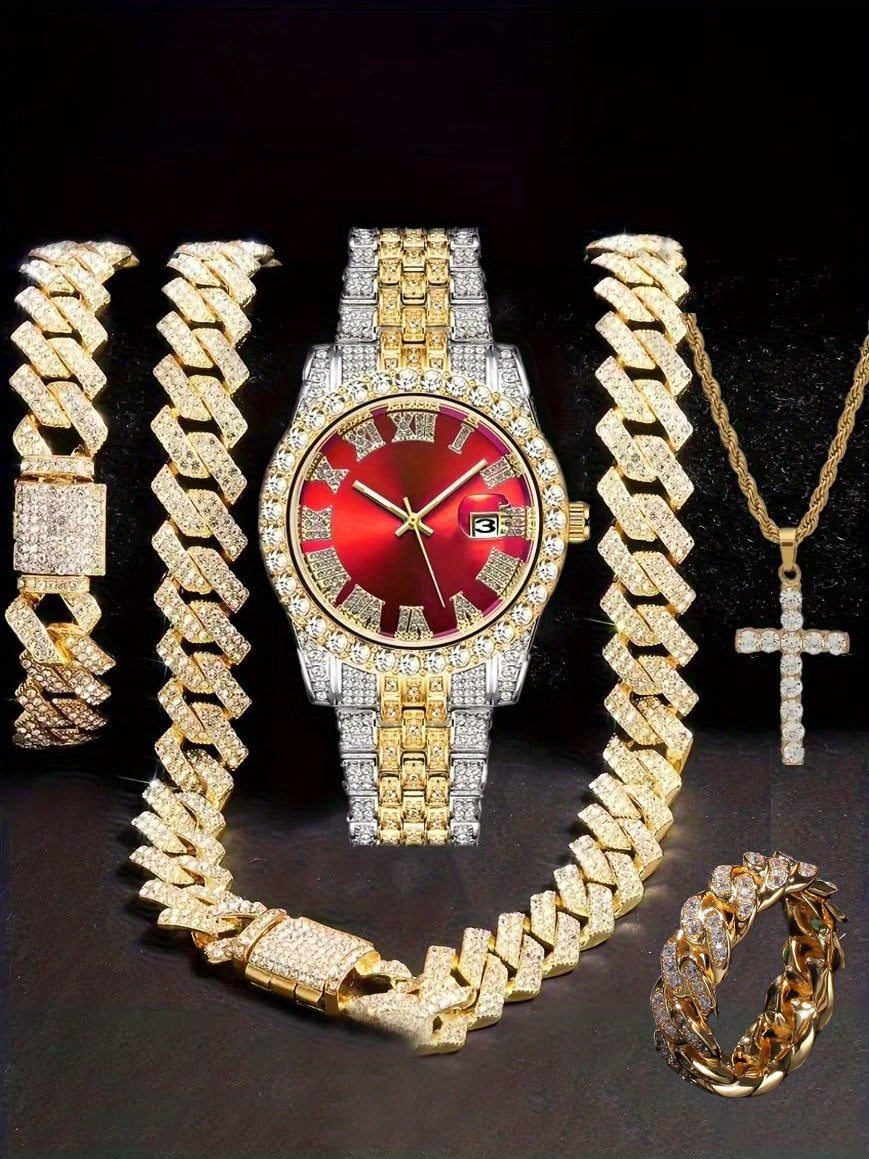Men'S Hip Hop Set: Trendy Watch, Cuban Chain Pendant Necklace And Bracelet Combo, Stylish Men'S Additions Gift for Christmas, Birthday, Valentine'S Day, And Father'S Day