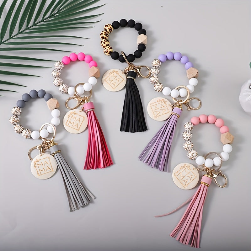 5pcs Set Of Leopard Print Wooden Beads MAMA Wooden Charm Bead Wrist Key Ring PU Tassel Round Wooden Pendant Keychain Gift for Mom, Mother's Day Gift, Holiday Gift