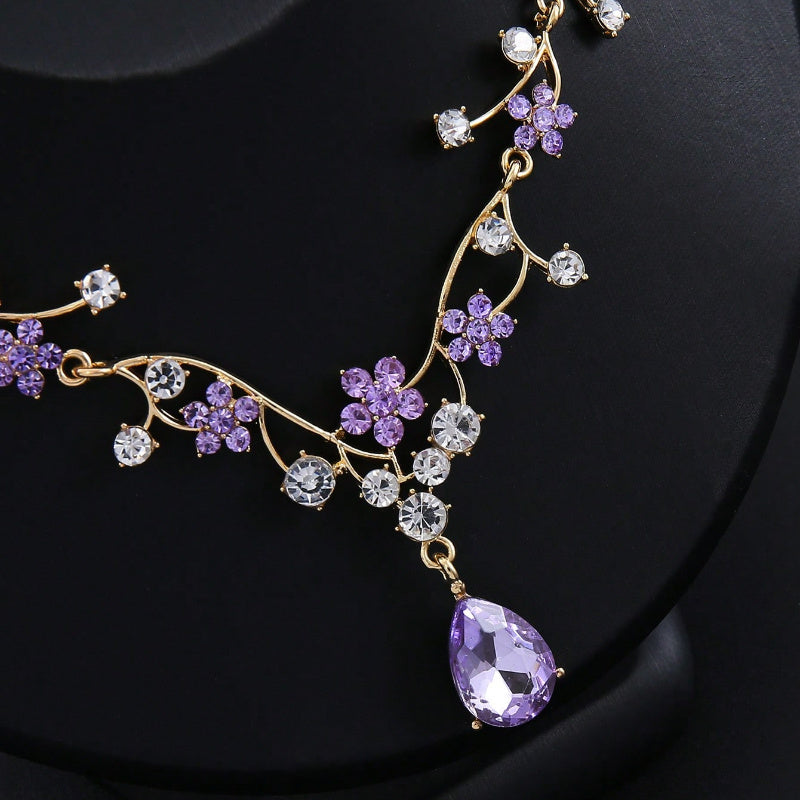 3 Pieces/ Set Of Vintage Plum Blossom Set, One Set With Purple Rhinestone Earrings And Necklace, Suitable For Brides, Bridesmaids, Weddings, Dinners, Dances, Evening Gowns, Accessories, Precious Jewelry, Holidaytotal Weight Of The Product (5G).