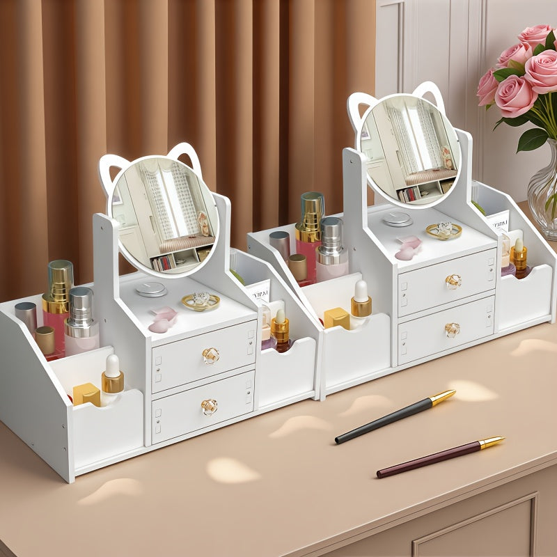 Jewelry Box, Dressing Table with Cat Ear Mirror, Perfect Choice for Home or Bedroom Organization, Durable Construction, Ideal for Birthdays, Christmas, and as a Gift.