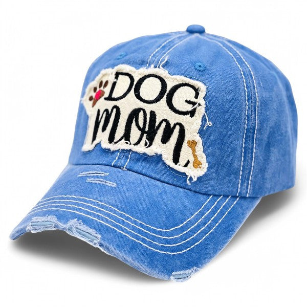 "Dog Mom" Paw and Bone Vintage Distressed Embroidered Baseball Cap For Women - 100% Cotton, Breathable, Casual, Adjustable, UV Protection