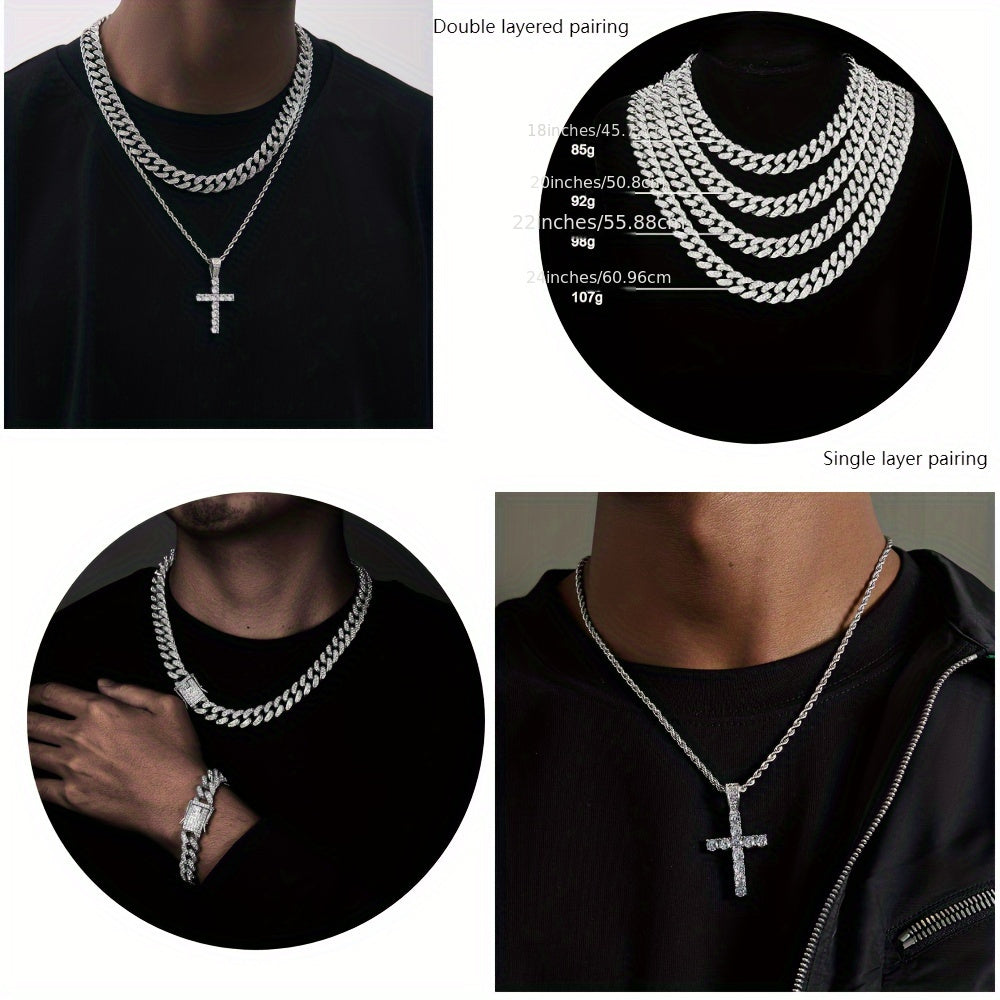 5pcs, Men's Rhinestone Watch Set, Fashionable Cross Necklace Ring Bracelet Set, Christmas Set