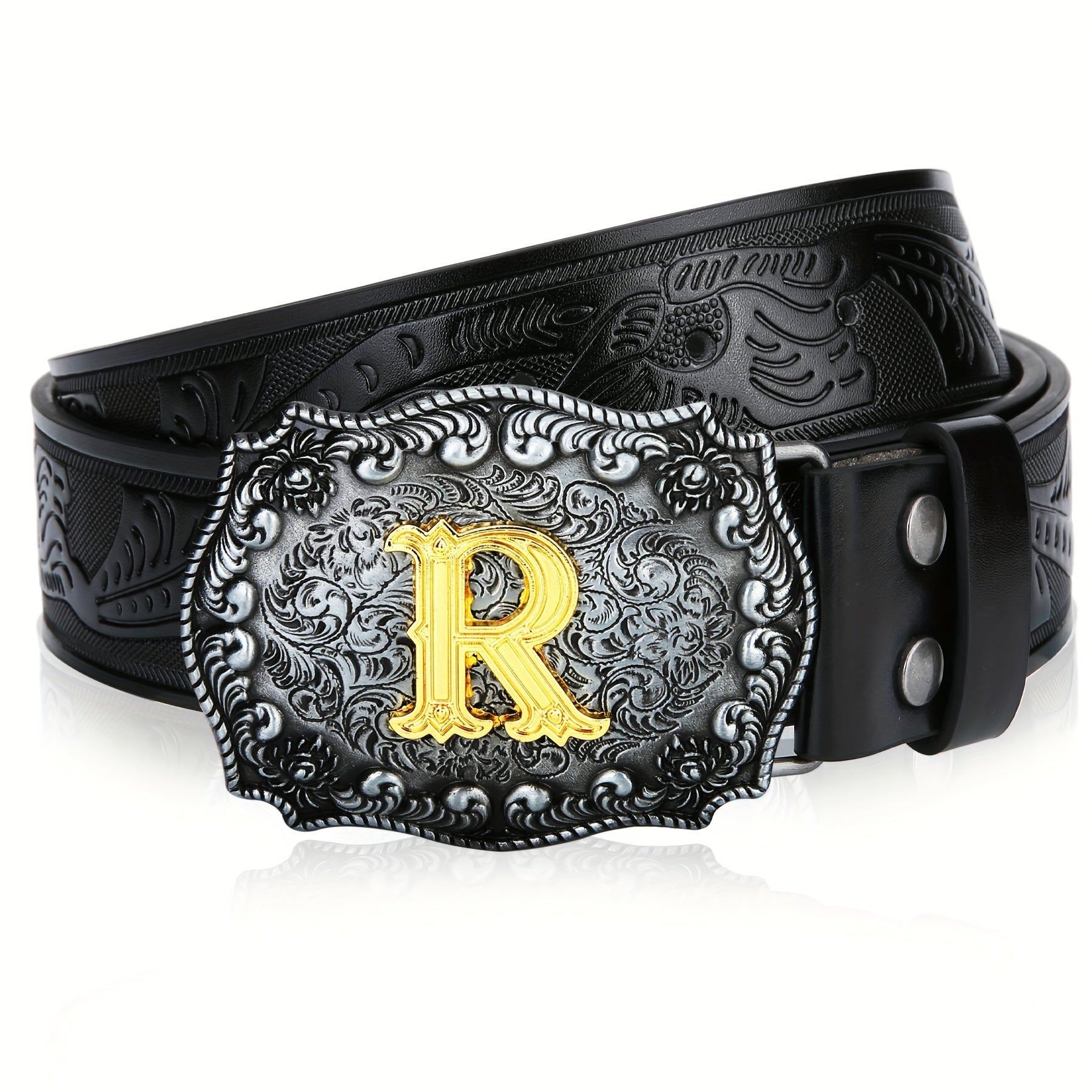 Mens Western Cowboy Cowgirl Embossed Floral Faux Leather Belt - Longhorn Bull Pattern Letter Big Buckle Belt - Stylish, Durable, Belts For Men