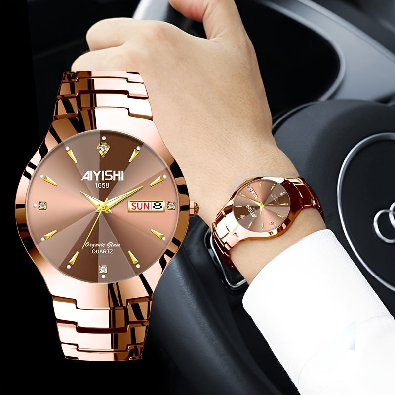 Men's luminous double date watch elegant business niche high-end simple trend quartz watch men