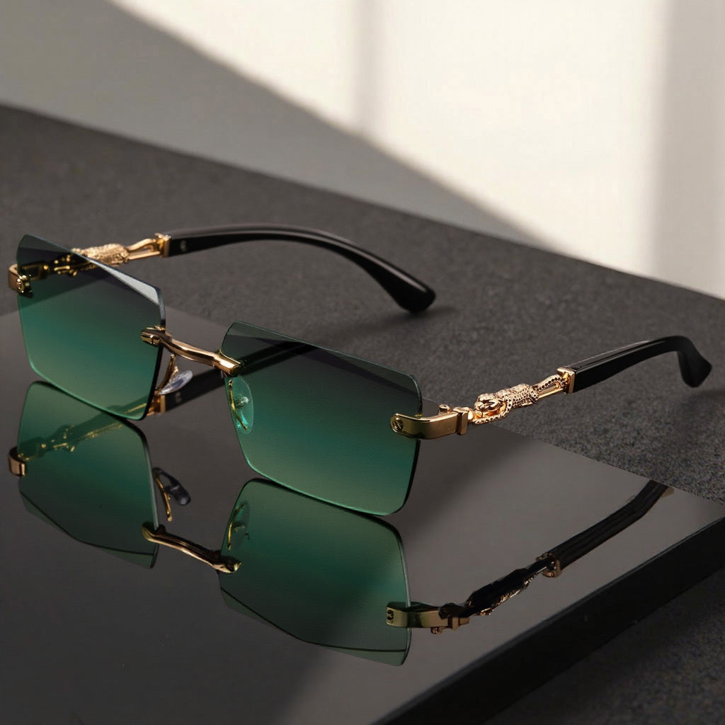 Unisex Luxury Frameless Black And Golden Sunglasses with Leopard-Decorated Arms - UV400 - Narrow Rectangular Lens - Includes Protective Case And Cleaning Cloth - High-End Gift for Men And Women - Stylish Eyewear for Driving, Travel, And Parties