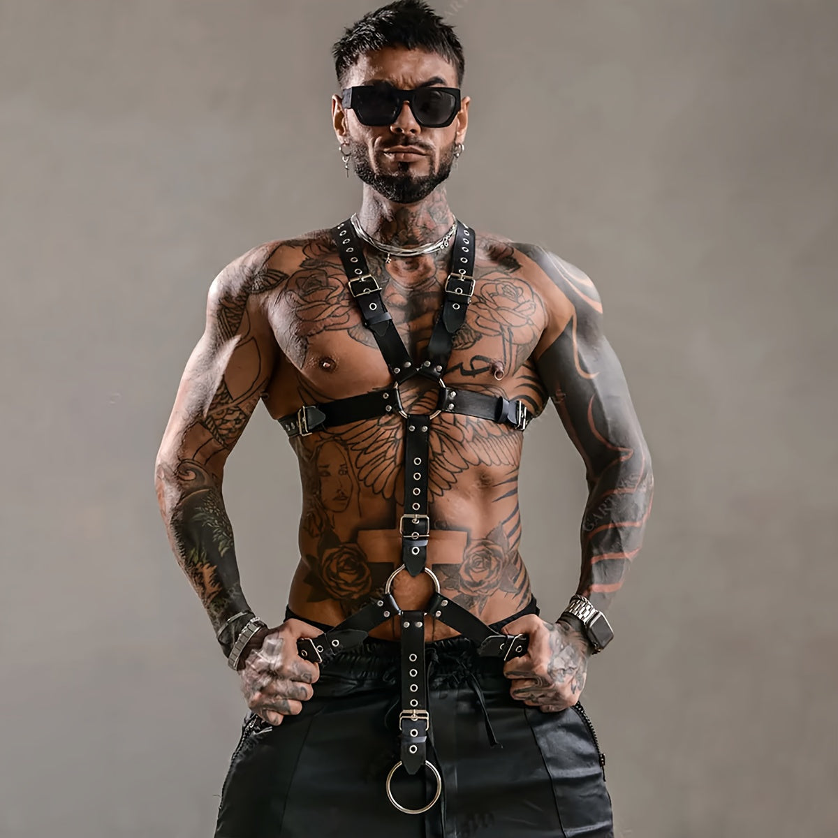 Men'S Adjustable Faux PU Suspenders - Gothic Punk Style Body Harness with Rivets, Non-Stretch Fabric, Perfect for Festivals And Parties