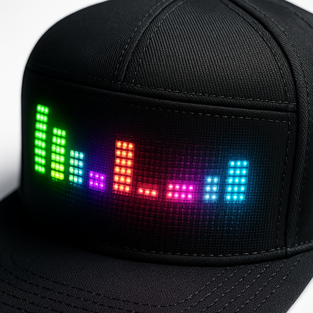 Programmable LED Hat for Men | Black, Scrollable Text & Animated Patterns, APP-Controlled, Adjustable, Woven Fabric, Ideal for Parties & Holidays