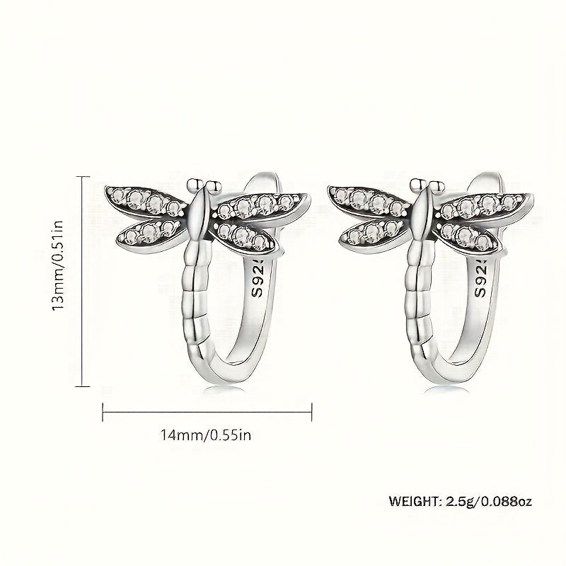 S925 Sterling Silvery Exquisite Dragonfly Hoop Earrings - Hypoallergenic, Shiny Zirconia Inlaid, Cute Simple Style, Trendy Female Gift - Perfect For Sensitive Skin, Casual Attire, And Special Occasions
