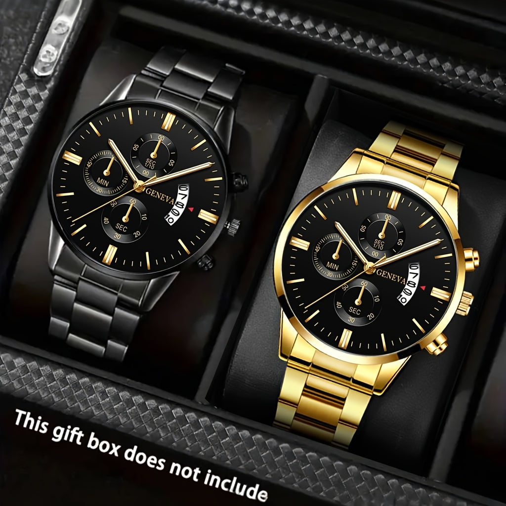 2pcs/ set Luxury Men's Watches Fashion Business Male Stainless Steel Date Analog Quartz Wrist Watch Mens Sets Gift Selection