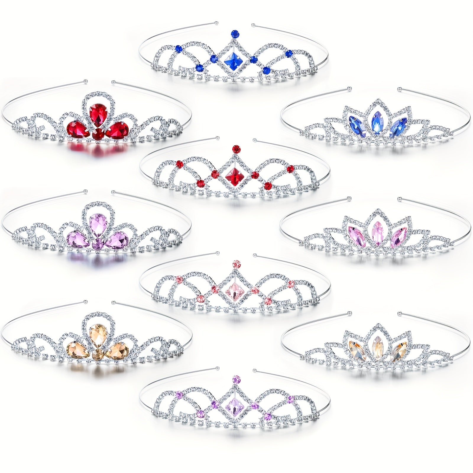 10pcs Girls Princess Rhinestone Crown Colorful Crystal Headband Crystal Tiara Rhinestone Princess Crystal Headband for Birthday Wedding Crown Party Prom, Little Girls, Colorful