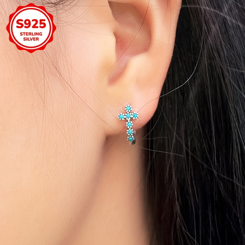 A Pair of New Blue Synthetic Turquoise Cross Earrings for Women, Low Allergenic, Made of 925 Sterling Silver, Featuring High-Quality Synthetic Inlay, Simple And Vintage Style, Trendy And Versatile Ear Accessories