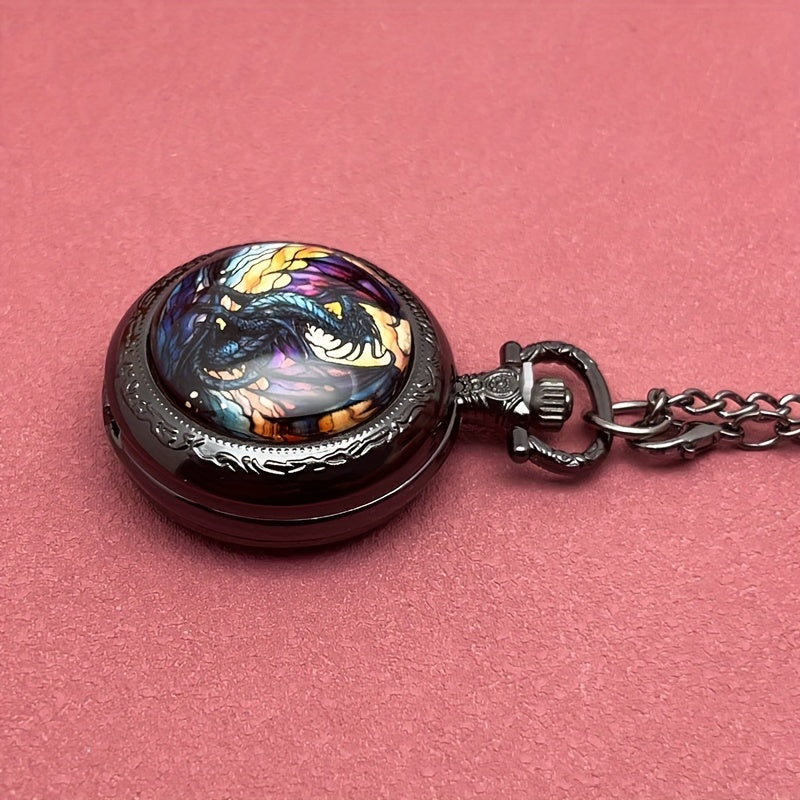 Elegant Black Dragon Pocket Watch - Fashionable Men'S Necklace Style, Quartz Movement, Alloy Case