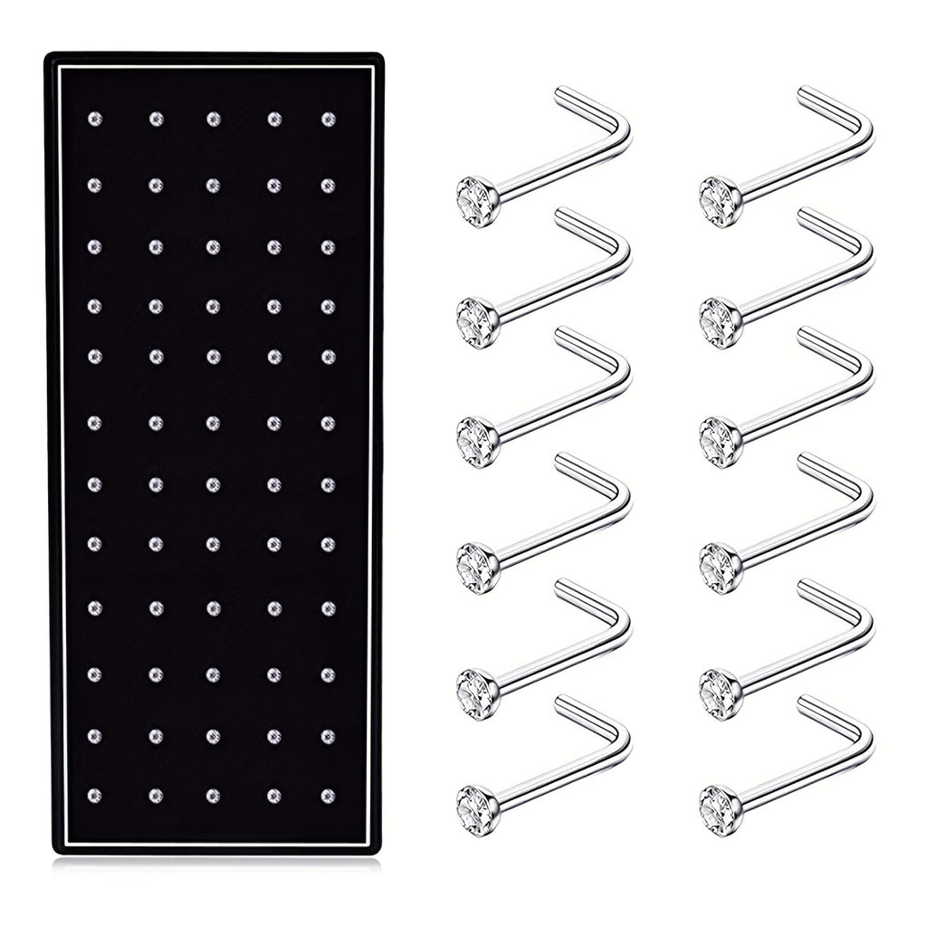 60pcs Stainless Steel L-Shaped Nose Rings Bone Nails Screws Piercing Rings Nose Nails Rhinestone Decor Women Body Piercing Jewelry 20G