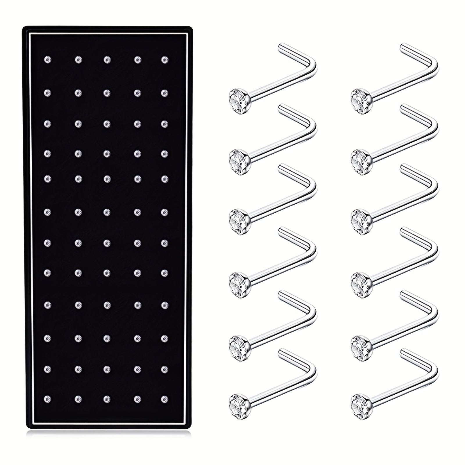 60pcs Stainless Steel L-Shaped Nose Rings Bone Nails Screws Piercing Rings Nose Nails Rhinestone Decor Women Body Piercing Jewelry 20G
