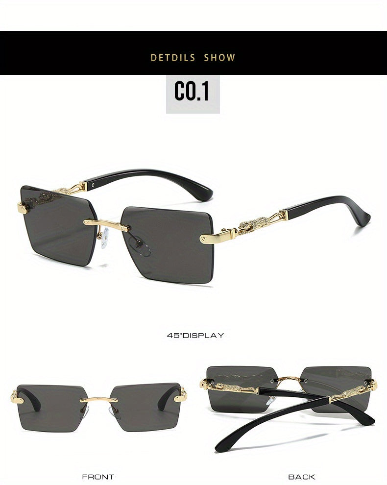 Unisex Luxury Frameless Black And Golden Sunglasses with Leopard-Decorated Arms - UV400 - Narrow Rectangular Lens - Includes Protective Case And Cleaning Cloth - High-End Gift for Men And Women - Stylish Eyewear for Driving, Travel, And Parties
