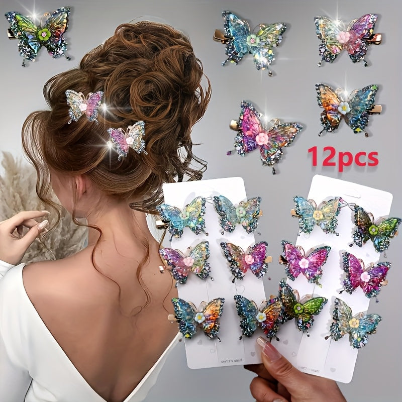 12pcs/set New Luxury Shiny Sequin Double-layer Butterfly Clip, Women'S Fashionable Double-layer Acrylic Butterfly Hair Clip, Suitable For Daily And Holiday Party Wear, Women'S Y2k Headwear Hair Accessories