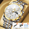[Luxury Men's Watches] OLEVS Men's Watches for Business Dress, Analog Quartz Chronograph, Luxury Two-Tone Stainless Steel, Moon Phase, Luminous Date, Classic Men's Wrist Watches
