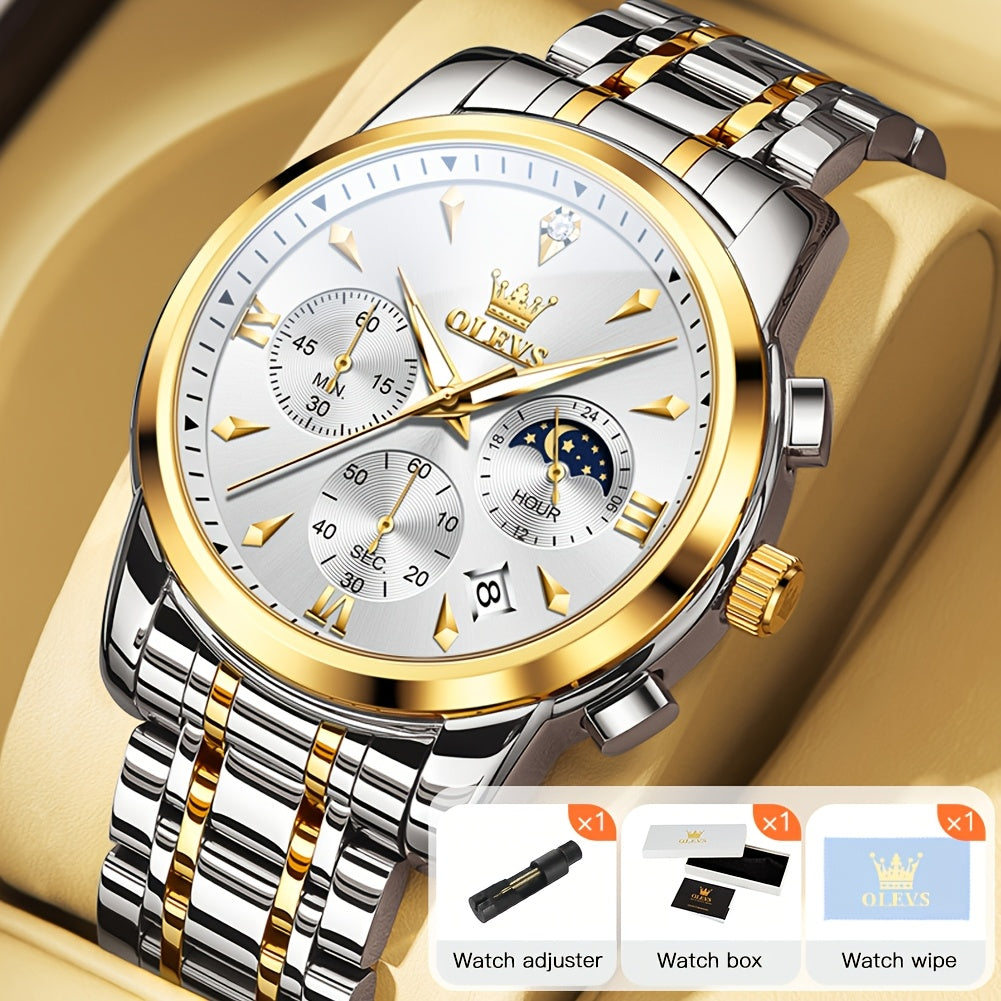 [Luxury Men's Watches] OLEVS Men's Watches for Business Dress, Analog Quartz Chronograph, Luxury Two-Tone Stainless Steel, Moon Phase, Luminous Date, Classic Men's Wrist Watches