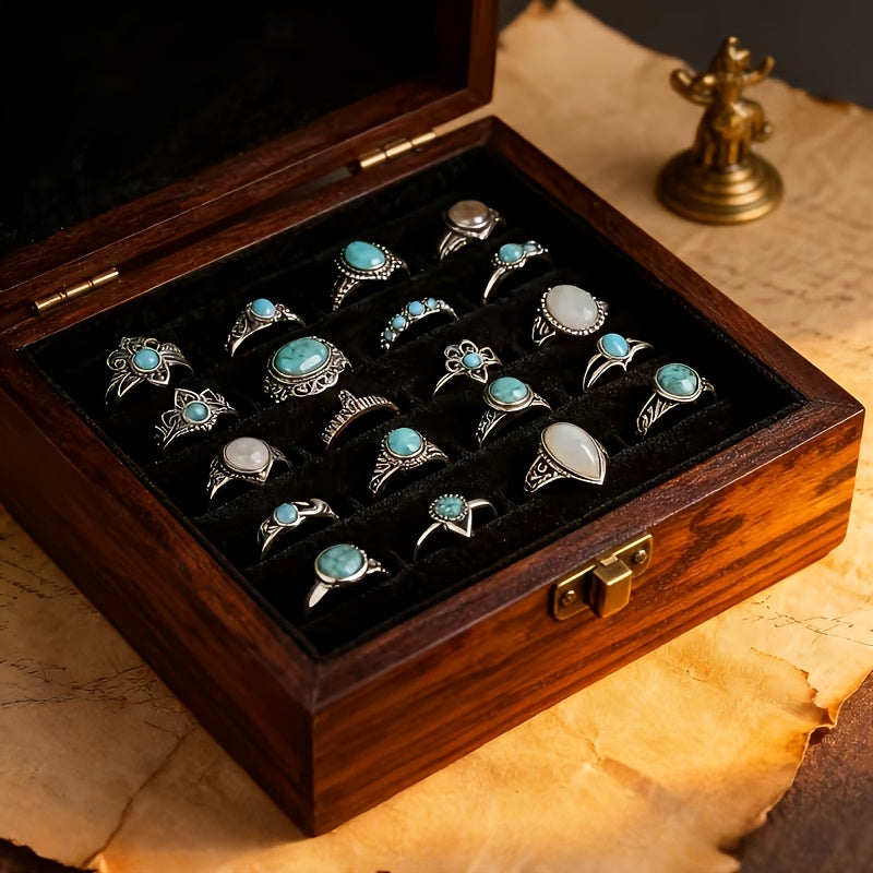 [Holiday Parties, Festive Gifts] Random Selection of 28 Vintage Bohemian Ring Sets, Turquoise Ring Sets, Stackable Ring Sets Featuring Geometric Heart And Butterfly Designs. Suitable for Ladies' Everyday Wear, Holiday Parties, And Festive Gifts
